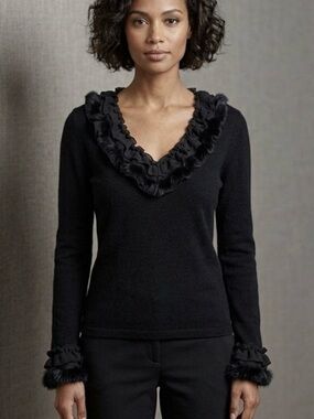 faux fur black collar sleeve stretch sweater Yuka platinum designer top Vintage